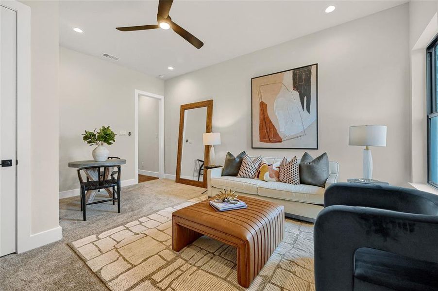 Game room with carpet, ceiling fan, & closet