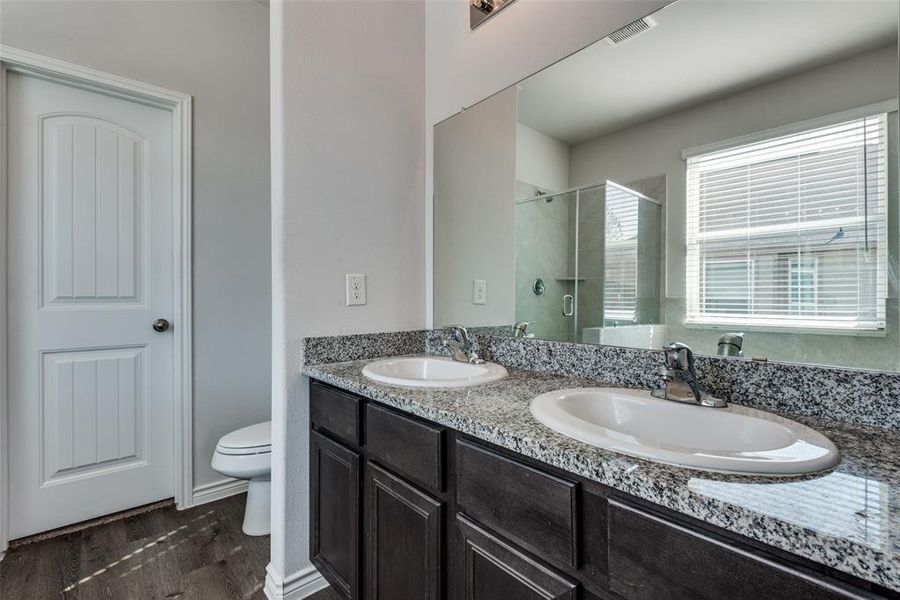 Bathroom with vanity, hardwood / wood-style flooring, a shower with shower door, and toilet