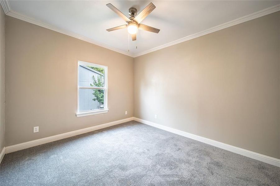 Carpeted spare room with ceiling fan and crown molding