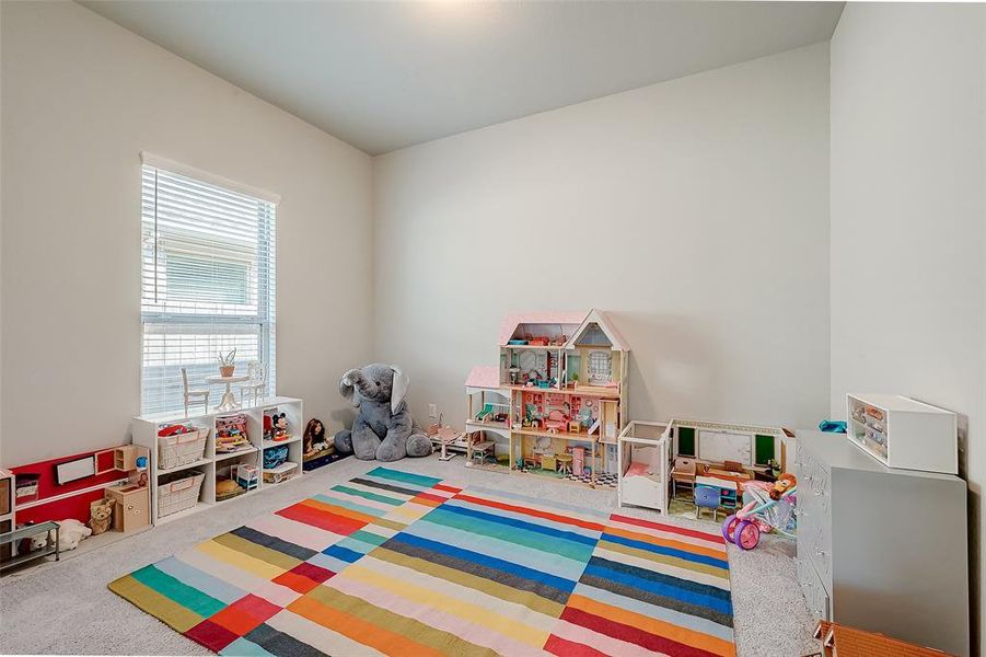 Third bedroom features awindow and plush carpet.