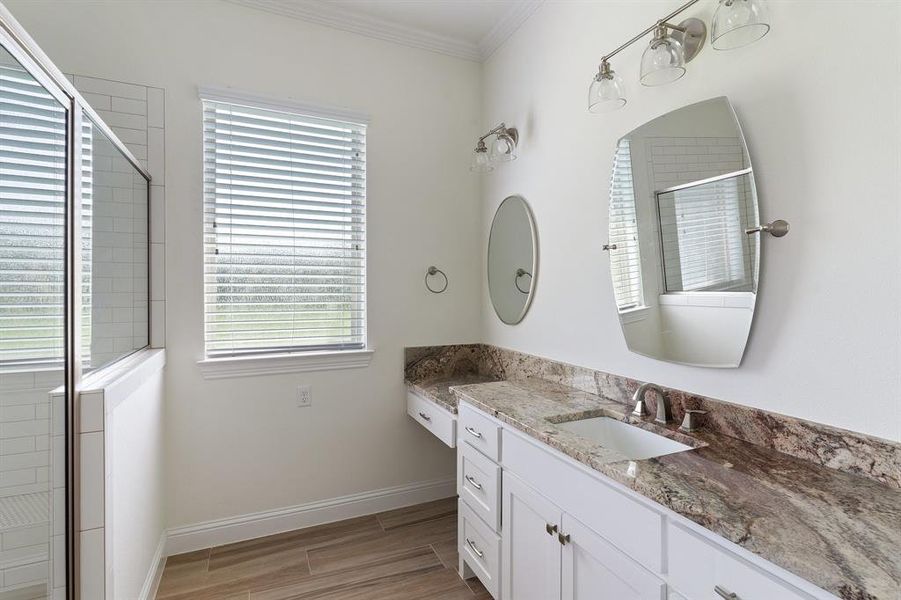 Bathroom featuring vanity and ornamental molding