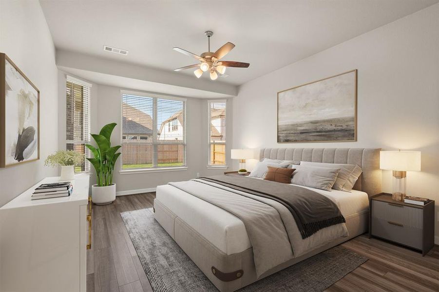 The primary bedroom is generously sized, creating a tranquil and spacious retreat that offers ample room for relaxation. Featuring plush carpet, high ceilings, fresh paint, and large windows that lets in natural lighting throughout the day.