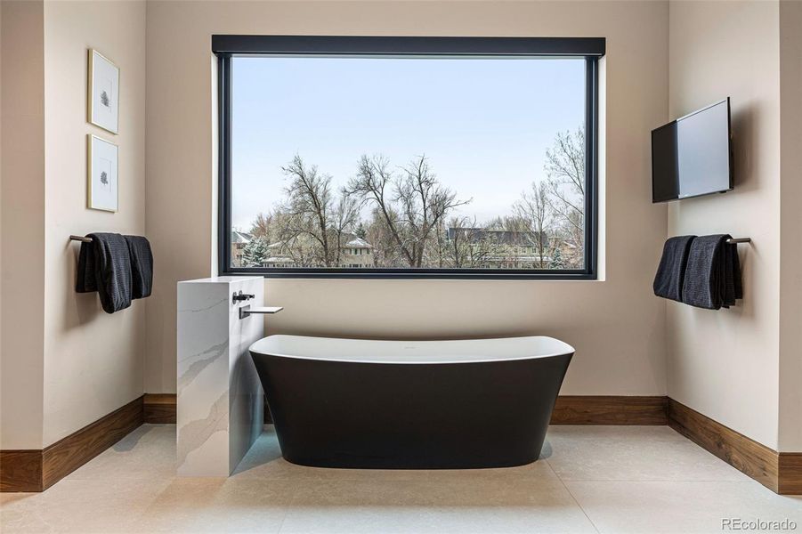 Trivento free standing bathtub with a picture window of the southern views encompassing both the large shade trees and mountain views beyond.