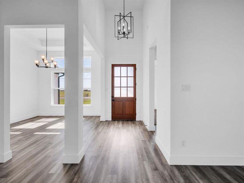 Foyer with a towering ceiling, hardwood / wood-style floors, and a chandelier