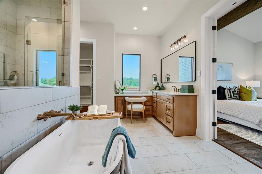 Soaking tub and makeup vanity