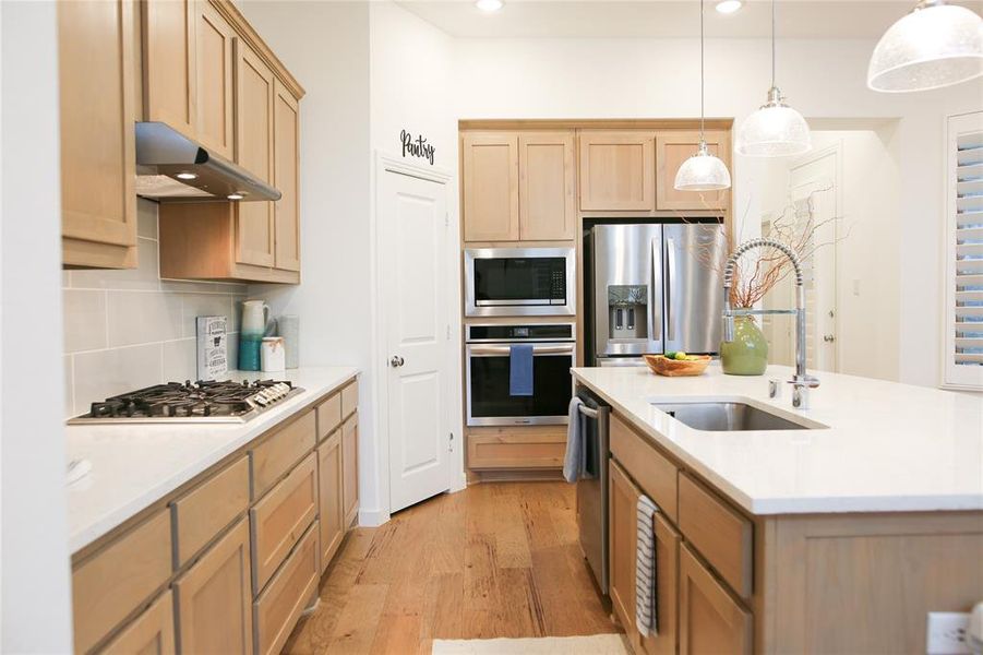 Kitchen with hanging light fixtures, sink, light hardwood / wood-style floors, appliances with stainless steel finishes, and backsplash