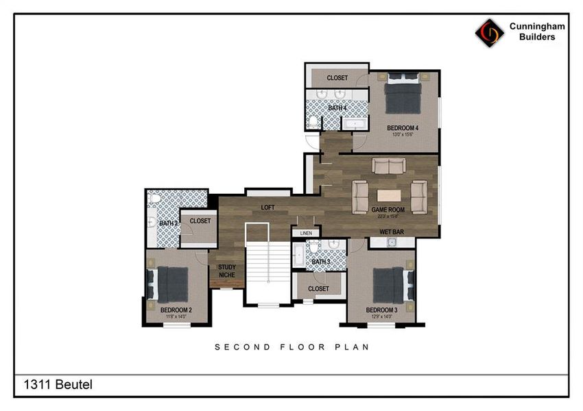 Rendering of the second floor to show space and layout. Flooring options available. Buyer/ buyer's agent to verify all specs