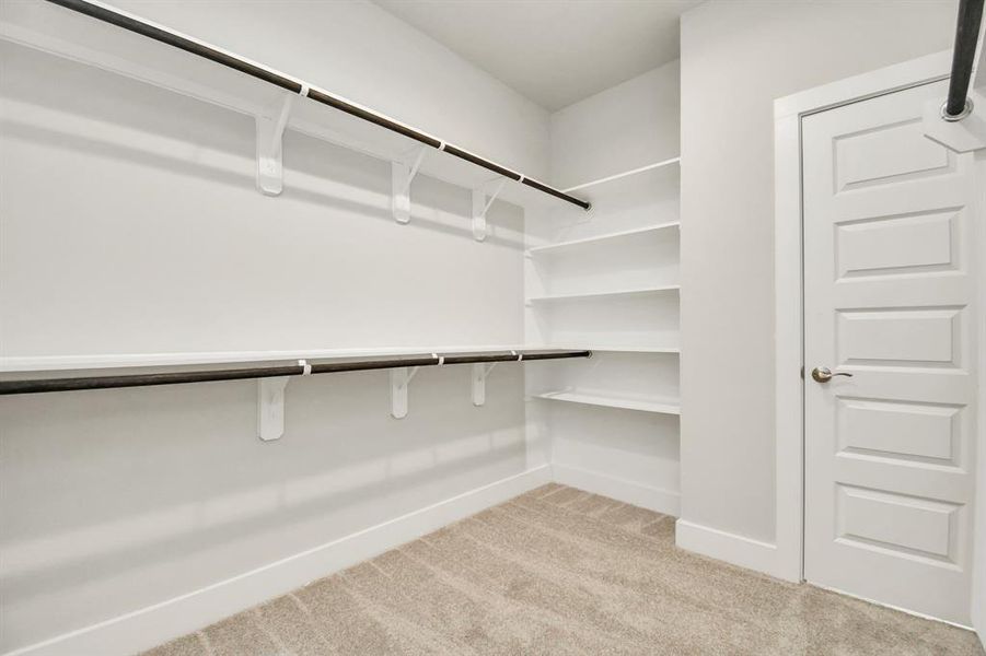 Immerse yourself in the lap of luxury within this roomy walk-in closet boasting high ceilings and plush carpeting.