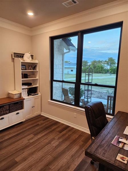 Home office featuring dark wood-type flooring and crown molding