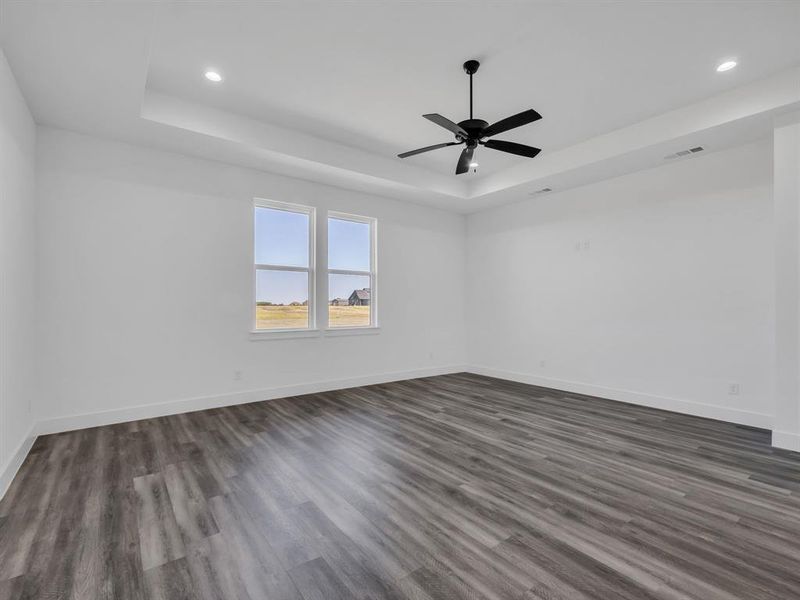 Empty room with ceiling fan, a raised ceiling, and dark hardwood / wood-style floors