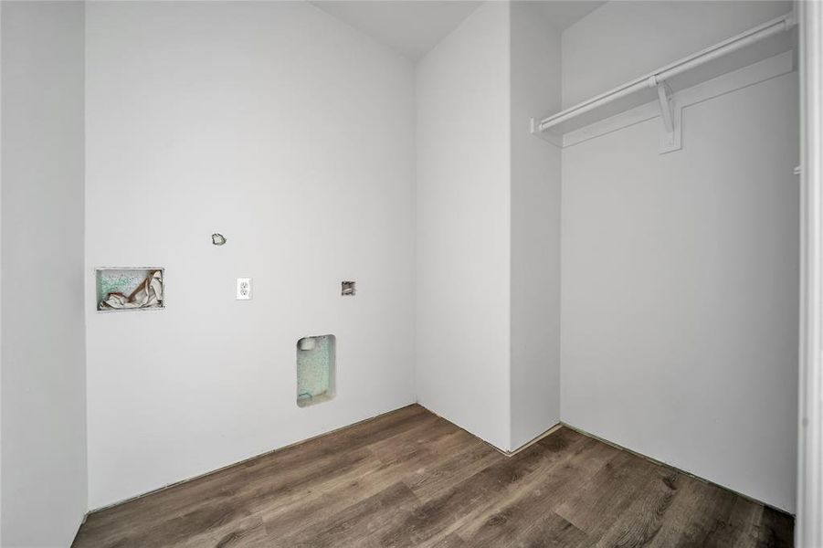 Clothes washing area featuring electric dryer hookup and dark hardwood / wood-style floors