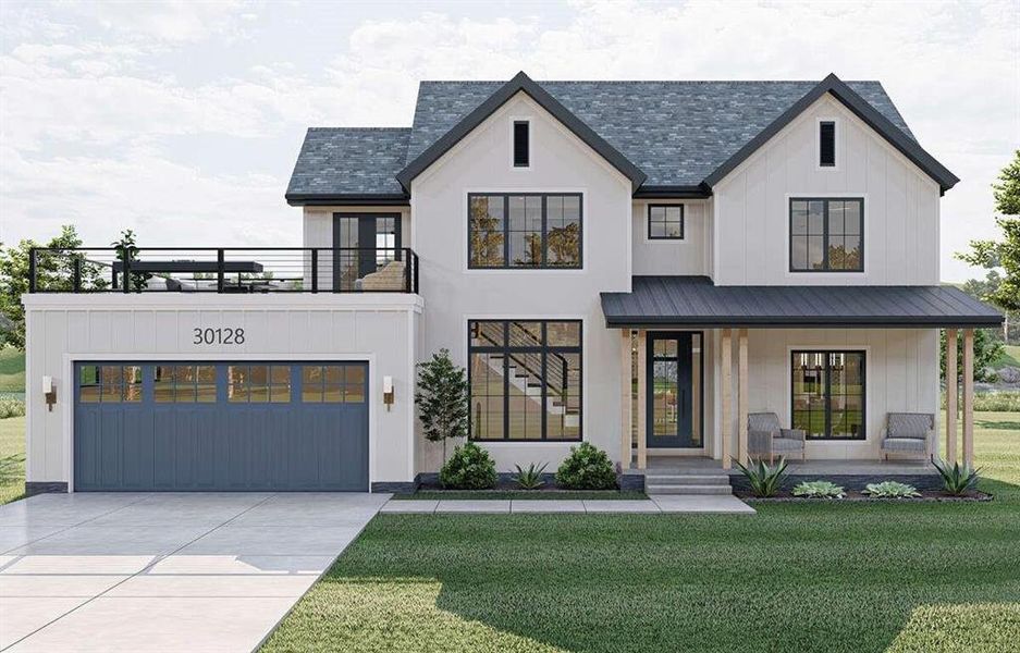 Modern farmhouse with a balcony, a garage, and a front yard