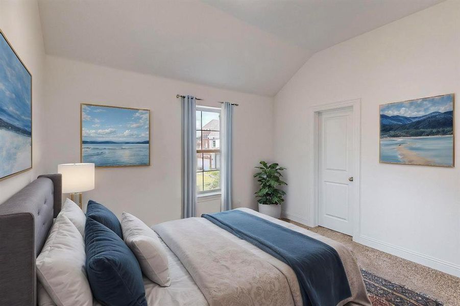 Virtually Staged Upstairs Bedroom with carpet flooring and vaulted ceiling