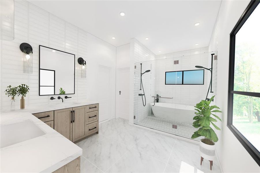 Bathroom featuring independent shower and bath, tile walls, tile floors, and large vanity