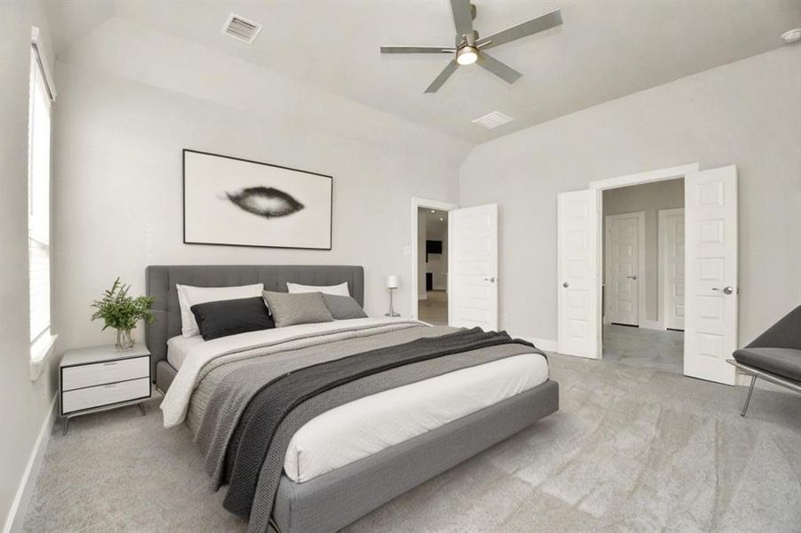 Recharge in the opulent primary suite after a demanding day! Luxuriate in the plush carpeting, soothing paint palette, elevated ceilings, and expansive windows equipped with privacy blinds. Virtually staged