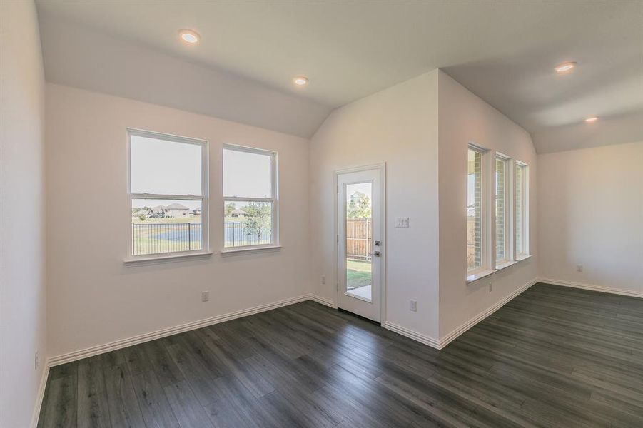 Entrance foyer with lofted ceiling and dark wood-type flooring