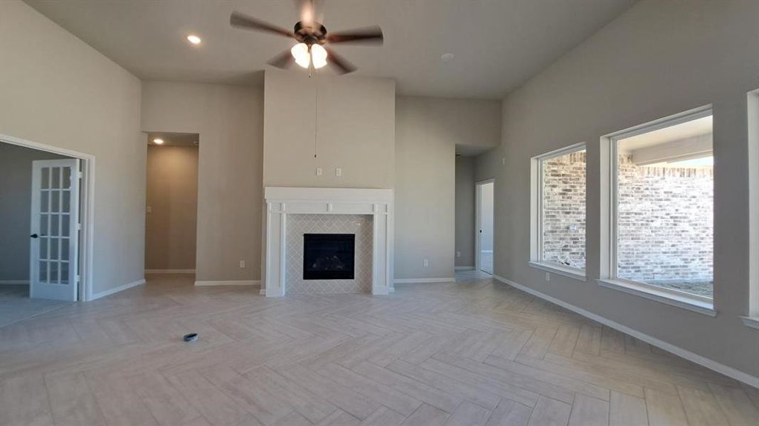 Tile surround fireplace with Craftsman mantel