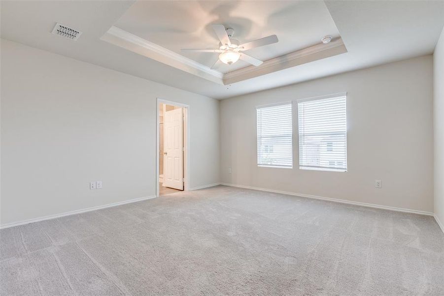 Unfurnished room featuring light colored carpet, ceiling fan, and a raised ceiling