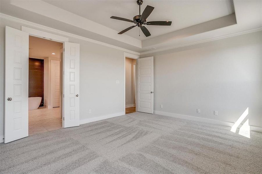 Carpeted spare room featuring ceiling fan, a raised ceiling, and crown molding