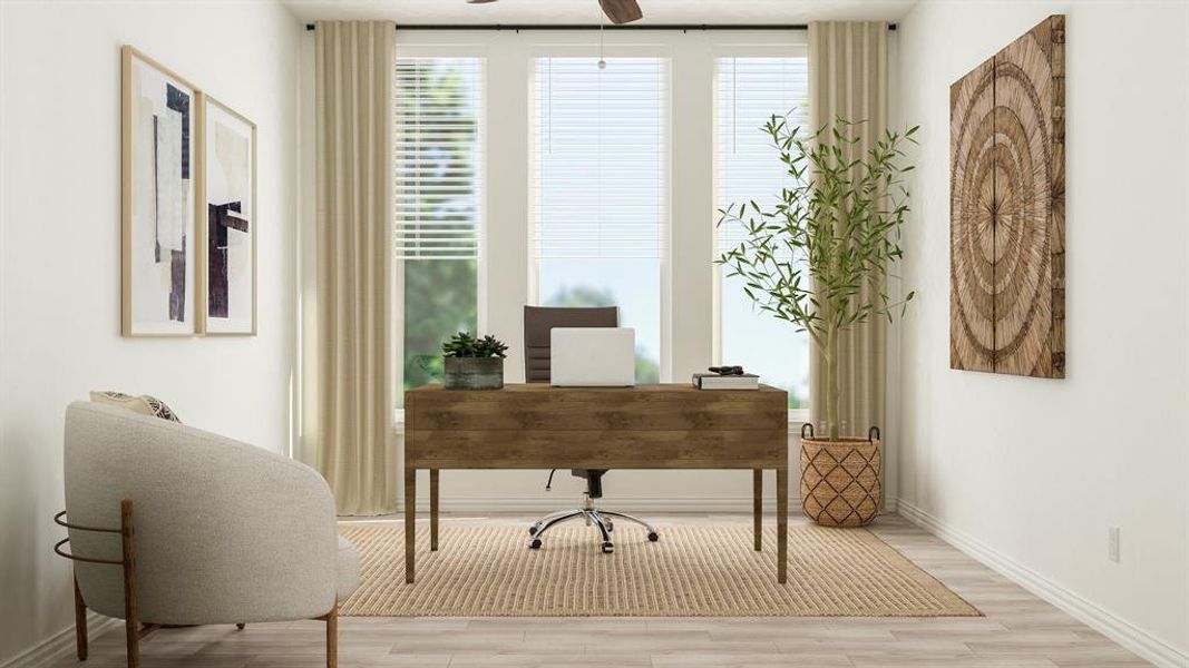 Office featuring ceiling fan, light hardwood / wood-style flooring, and plenty of natural light