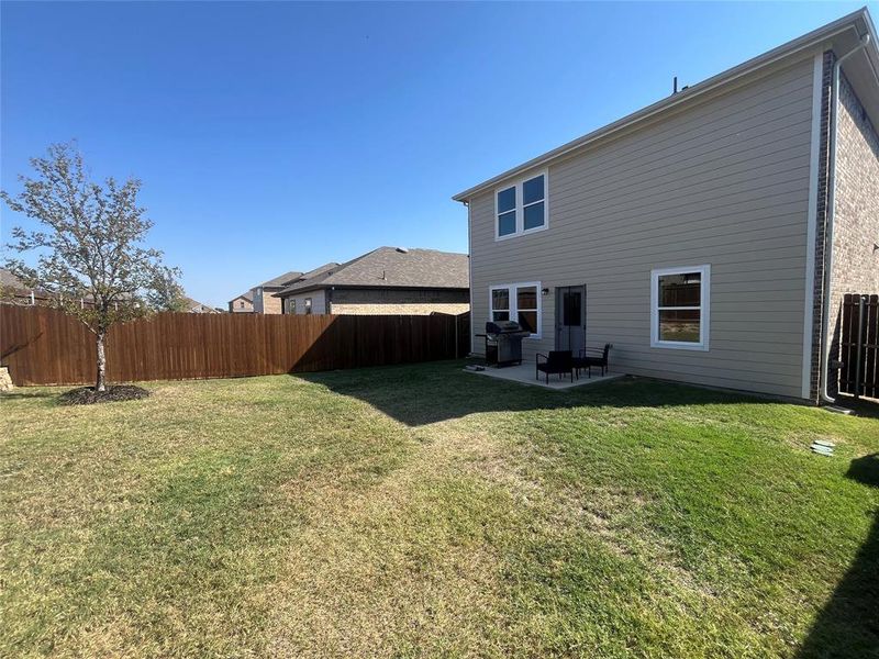 Back of property with a patio and a lawn