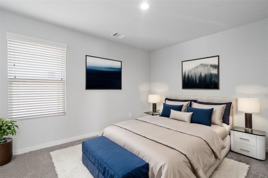 This secondary bedroom features custom paint, plush carpet, and a large window with privacy blinds!