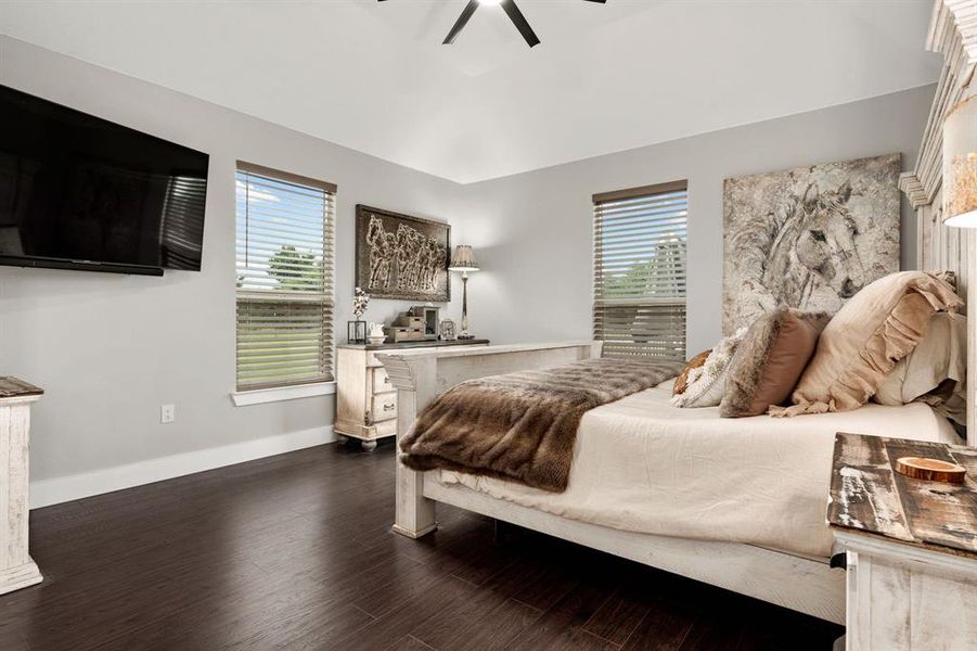 Large Primary Bedroom with room for King Bed.  Windows allow for views of front yard and pool area.