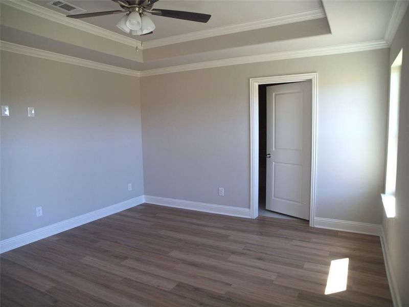 Spare room with ceiling fan, a raised ceiling, dark hardwood / wood-style floors, and crown molding