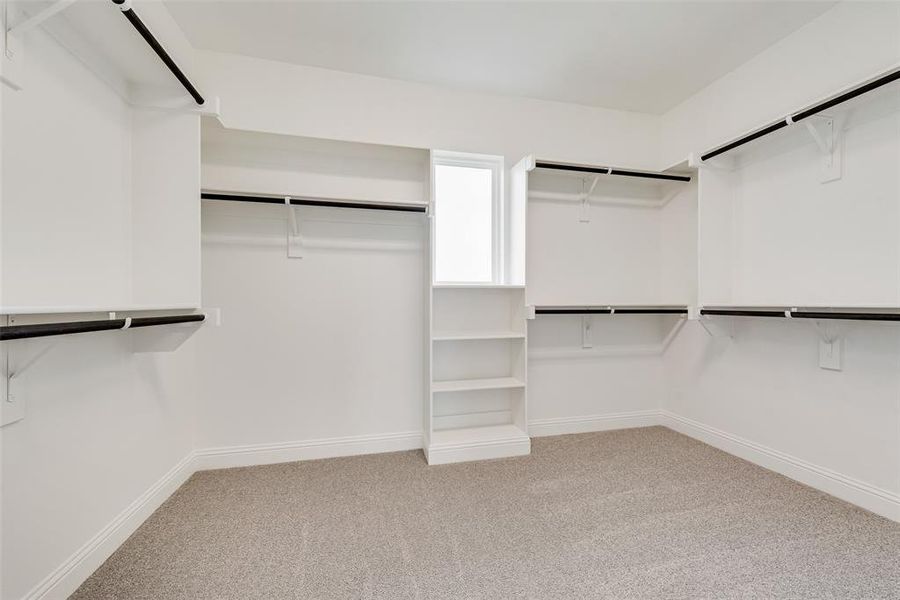 Spacious closet with light carpet