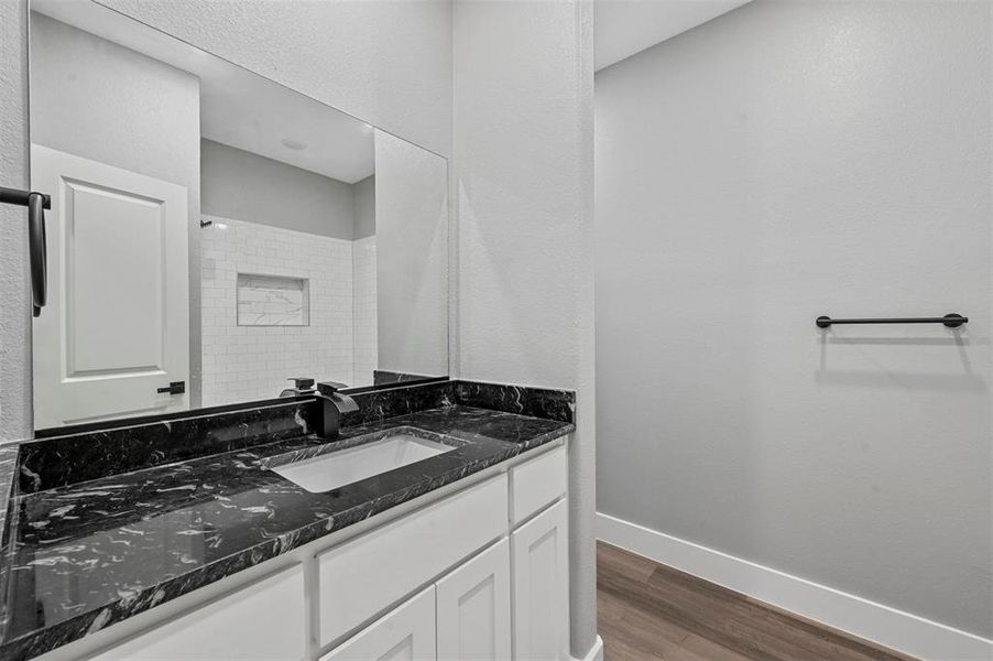 Bathroom with wood-type flooring and vanity