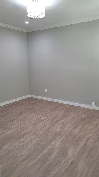 Empty room with hardwood / wood-style flooring and crown molding