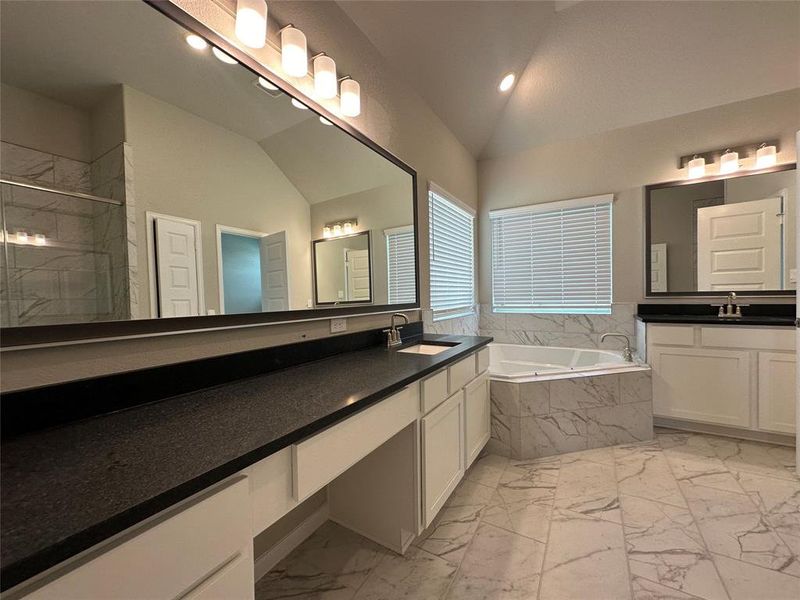 Dual vanity sinks in owner's bath