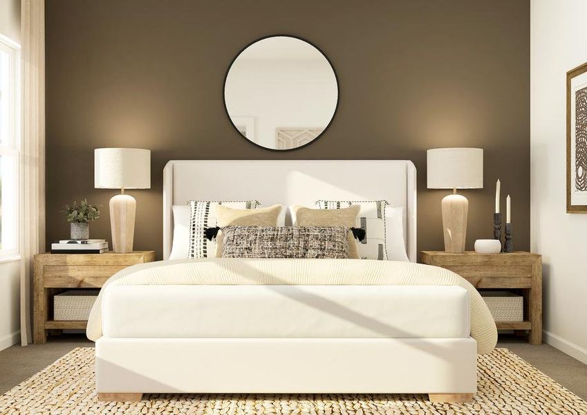 Rendering of a master bedroom furnished
  with a white bed and two wooden side tables.Â