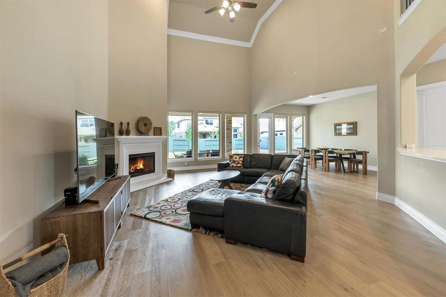 Living room has plenty of natural lighting & a fireplace