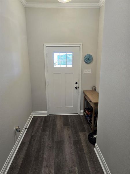 Doorway with dark hardwood / wood-style floors and crown molding