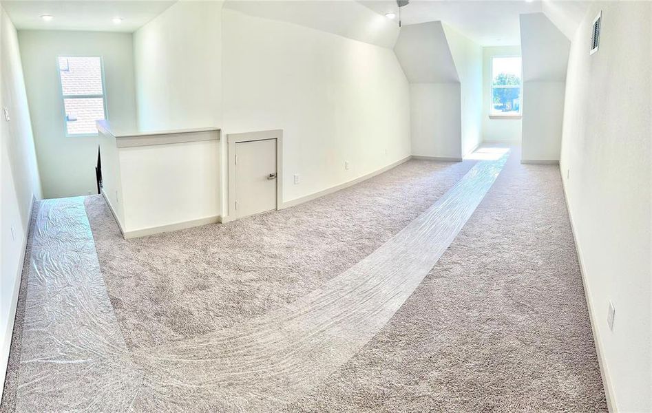 Additional living space featuring light carpet and lofted ceiling