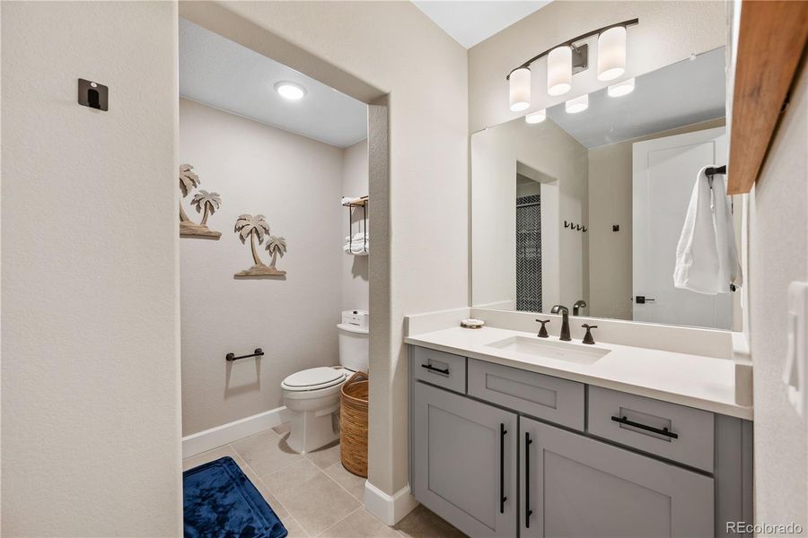 Basement Bathroom with Vanity and Shower.