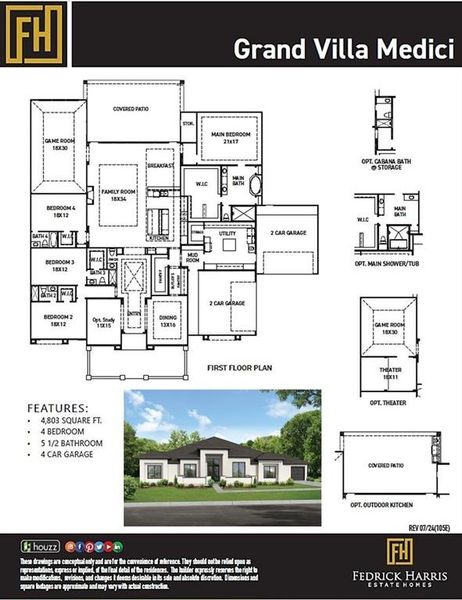 The Grand Villa Medici Plan includes this marvelous modern Elevation 1, shown in stucco with it's sleek and contemporary design. Structural upgrades include a phenomenal front Study with French doors, a Home Theatre to relax in style, as well as an Outdoor Kitchen to entertain and host outdoor gatherings with this oversized Covered Patio!