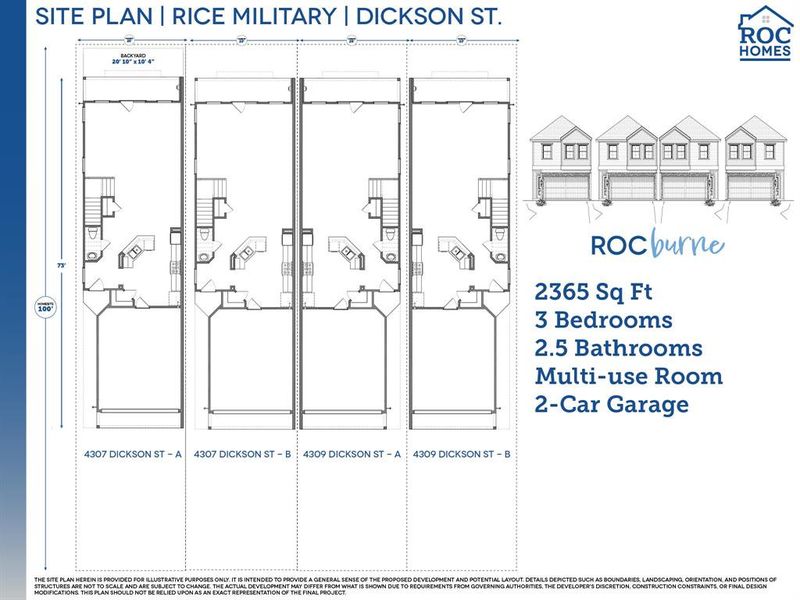 Our homesites at Dickson Street measure 100 feet long by 25 feet wide and feature a backyard at 20 feet 10 inches by 10 feet 4 inches.