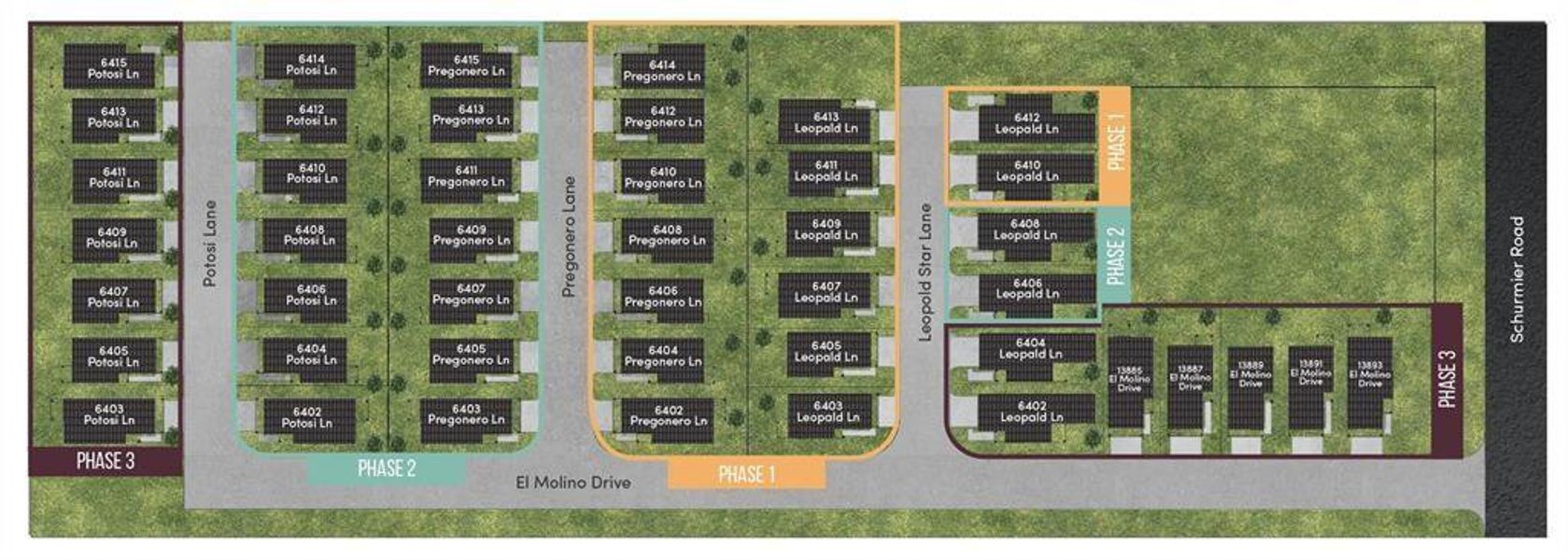 The 'Thomas Homes' site plan. This grand development offers 45 free-standing homes ranging from 1580 to 1971 sqft. With 1st-floor living areas, a double-wide private driveway and sizable yards, Thomas Homes offers a special place to call home.