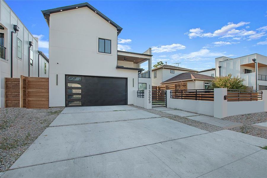 Modern home featuring a garage