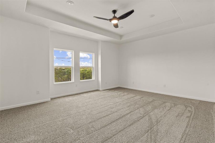 Carpeted spare room with ceiling fan and a tray ceiling