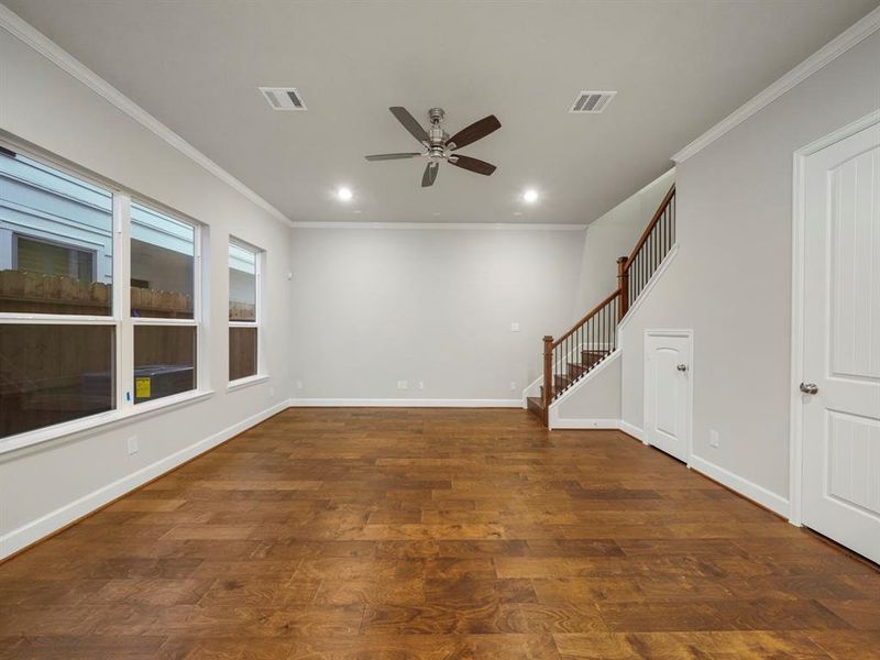 Beautiful wood floors flow throughout the first floor, as does the crown molding, providing a sense of character to the home. (Sample photo of a completed Sterling Floor Plan. Image may show alternative features/and or upgrades.)