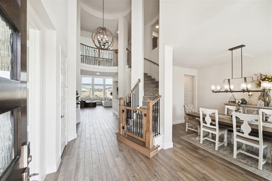 This is the view into the lower level when entering the home through the French door entry. The formal dining room is at the right.