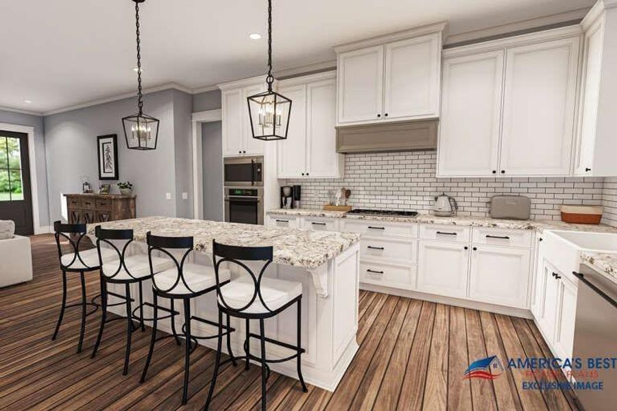 Kitchen with decorative light fixtures, wood-type flooring, stainless steel appliances, white cabinets, and a kitchen island