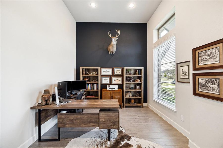 Office with french doors, tall ceilings and custom painted accent wall.