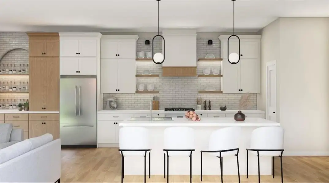 Kitchen featuring decorative light fixtures, decorative backsplash, stainless steel built in refrigerator, a center island, and light hardwood / wood-style flooring