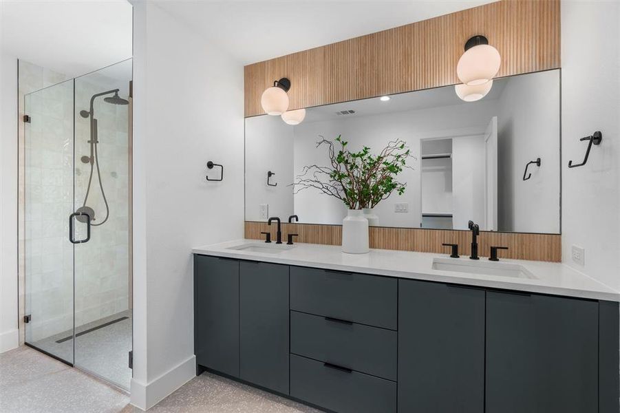 Primary bathroom with a double vanity and walk-in shower.