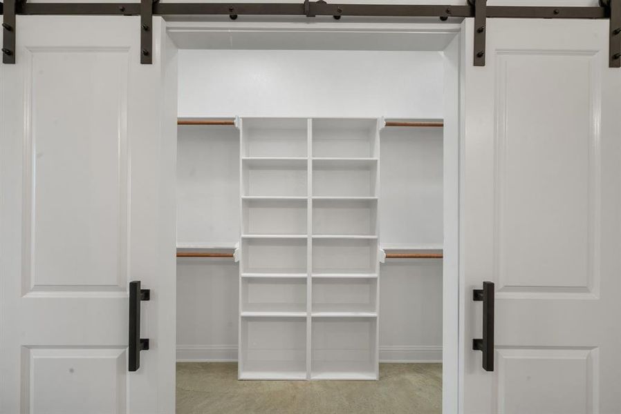 Walk in closet with a barn door and light carpet