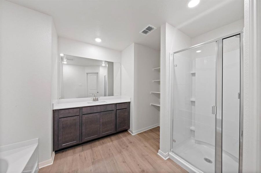 Bathroom featuring vanity, wood-style flooring, and walk in shower